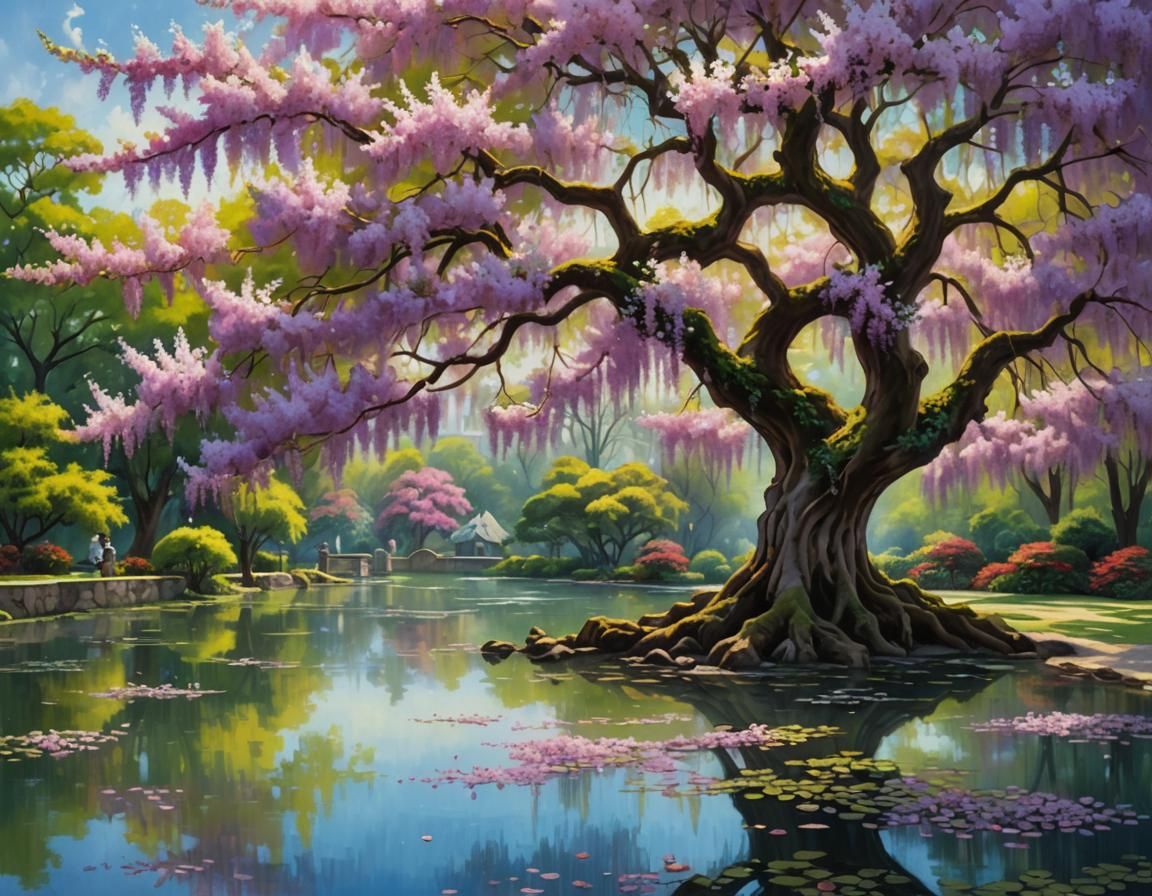 Wisteria and Cherry Blossom Tree Painting