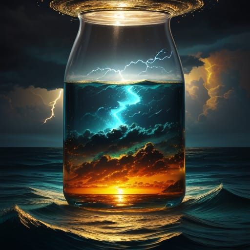 Surreal Stormy Ocean Scene in a Dreamlike Bottle