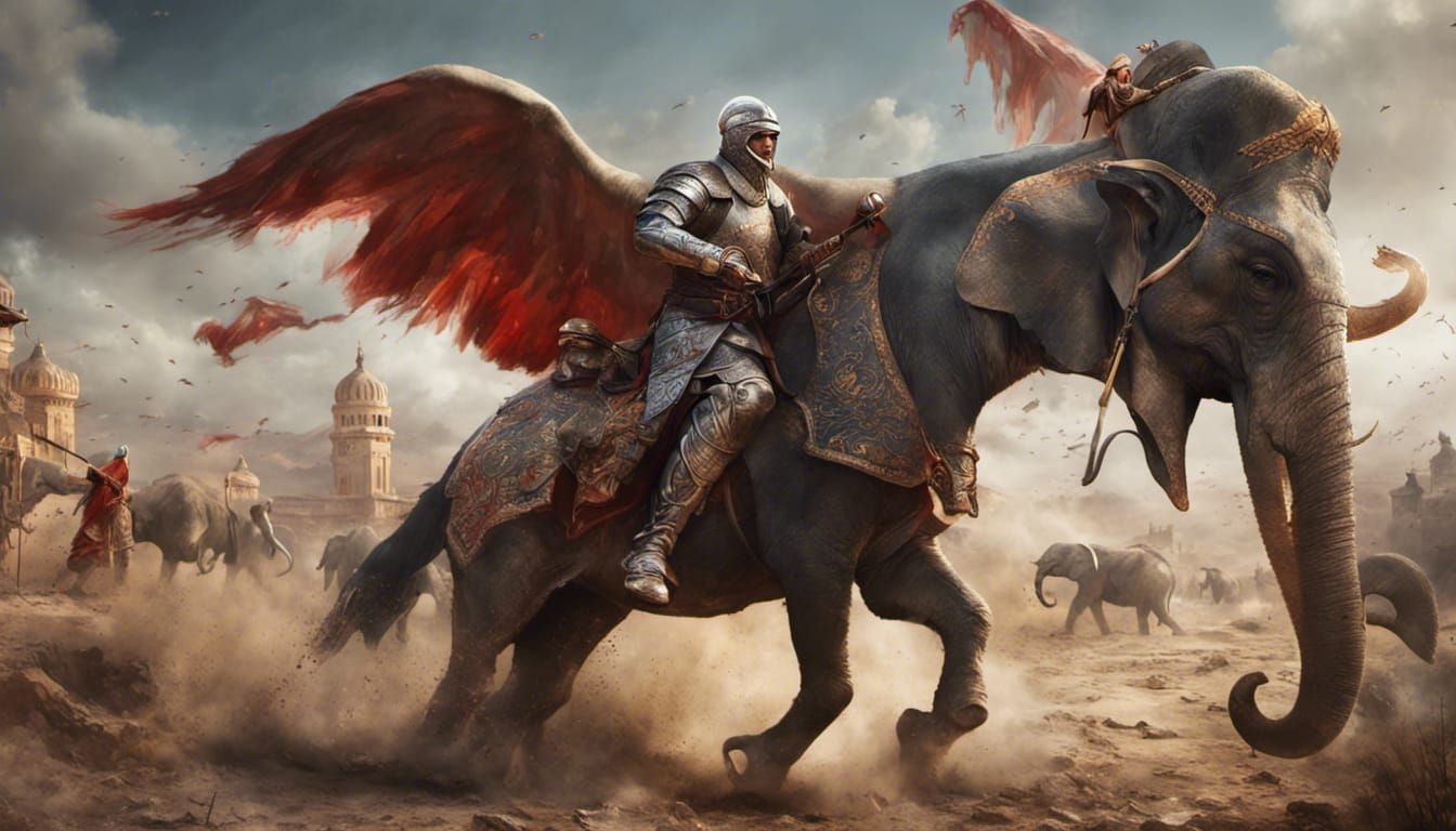 Arab Knight and Elephant Battle, Fantasy Art