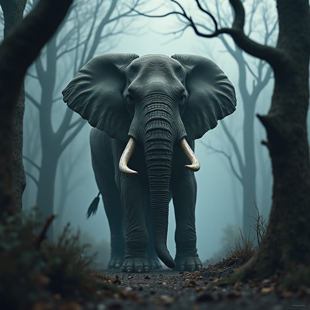 Menacing Elephant in Dark, Gritty Realism