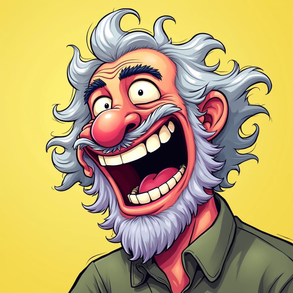 Laughing Elderly Man with Purple Goatee in Cartoon Style