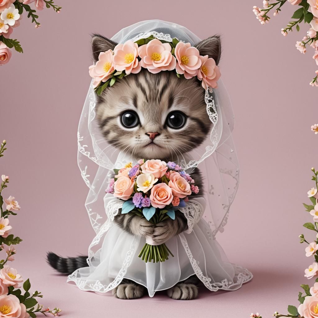 Kawaii Kitten Bride with Floral Bouquet