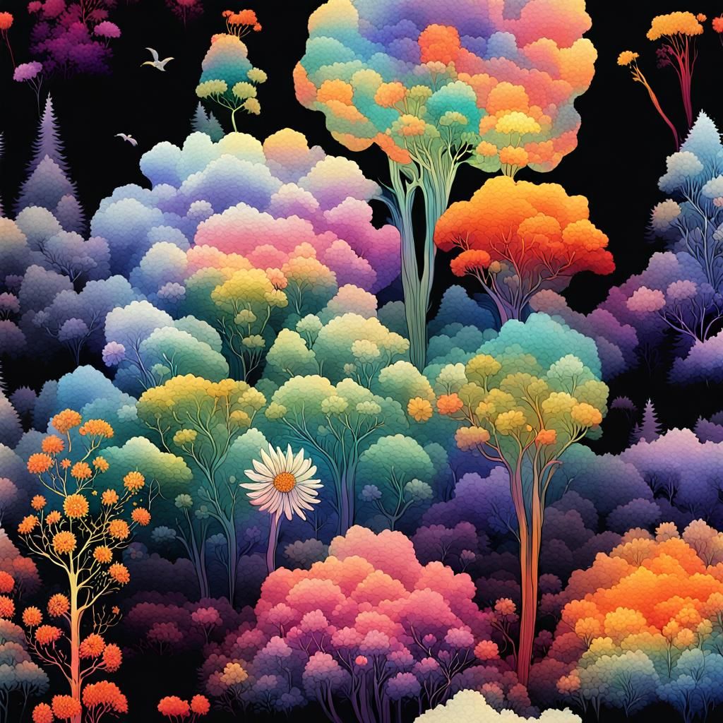 Rainbow Silhouette of Blossoms on Canvas