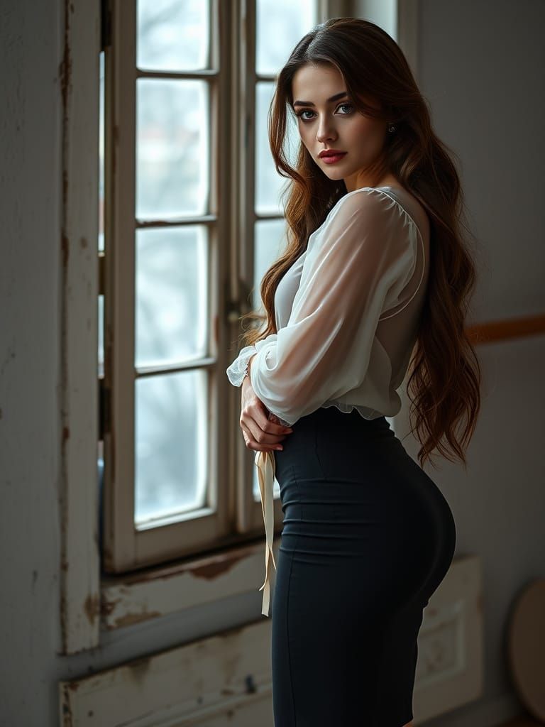 Ethereal Portrait of a Refined Woman in a Ballet Studio