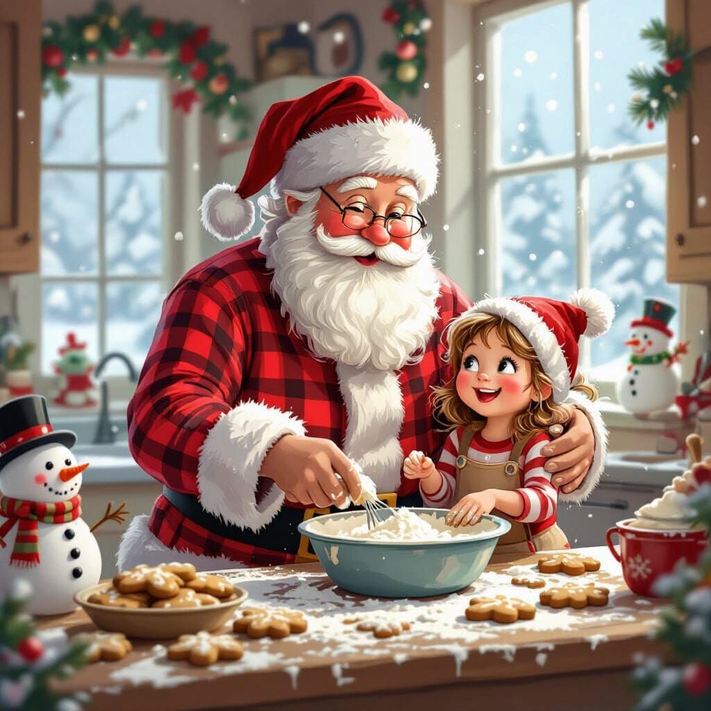 Santa Baking Cookies With Granddaughter in Storybook Style