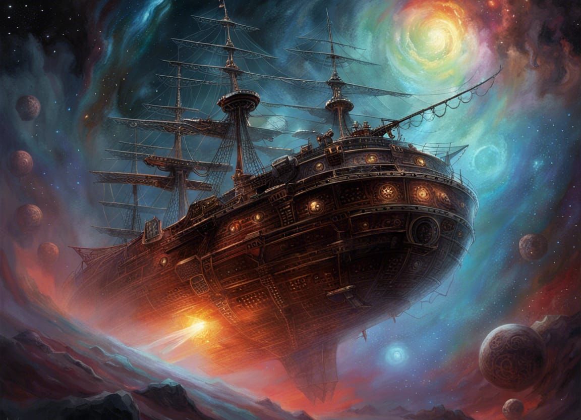 Ghostly Space Pirate Ship Nebula Painting