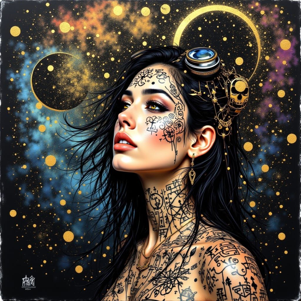 Woman with Ancient Tattoos in Hyperrealistic Style