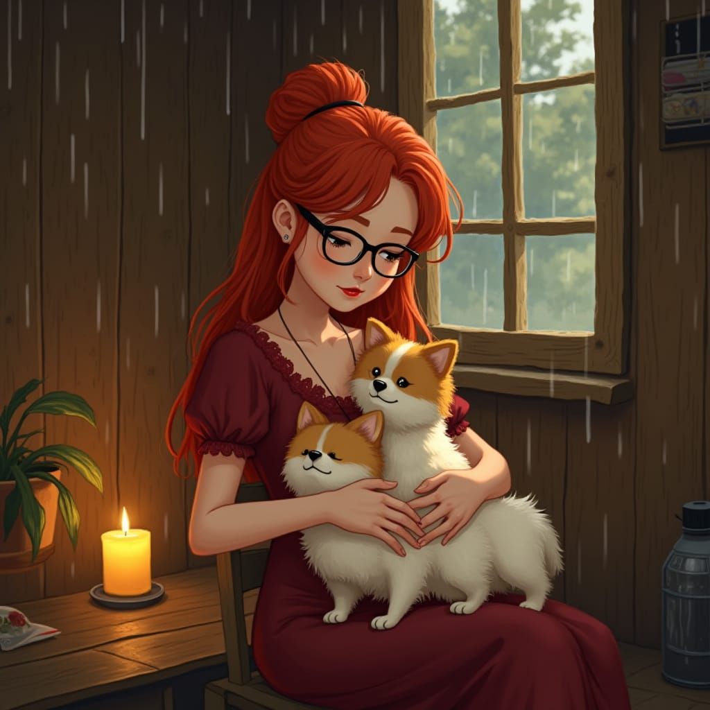 Woman with Fire Red Hair Cuddles with Chinese Crested Dogs i...