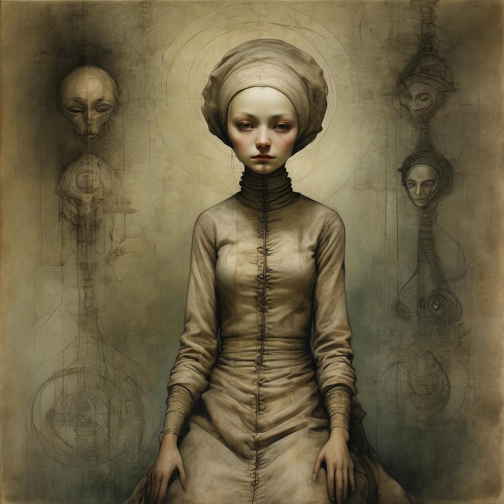 Eerie Abstract Portrait of a Midwife in Mixed-Media