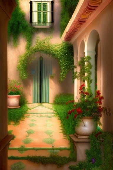 Romantic Spanish Garden Veranda in Hyperdetailed Style