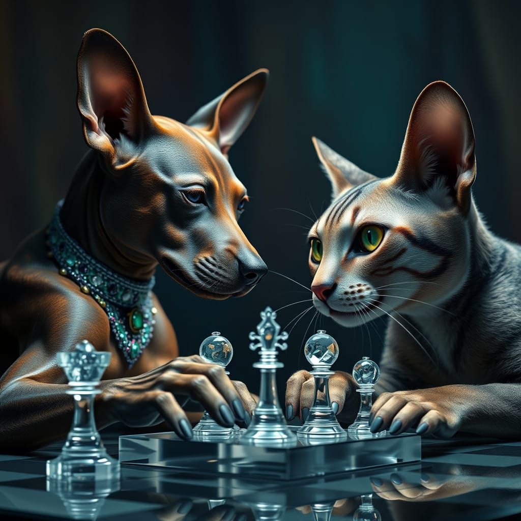 Championship Chess Duel Between Dogs: Intricate Beaded and E...