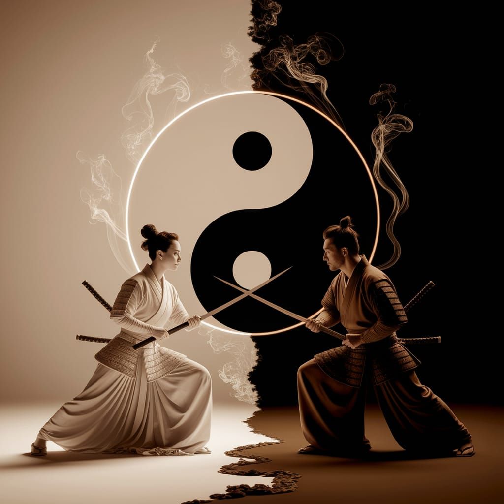 Yin-Yang Samurai Duel in Surrealist Style