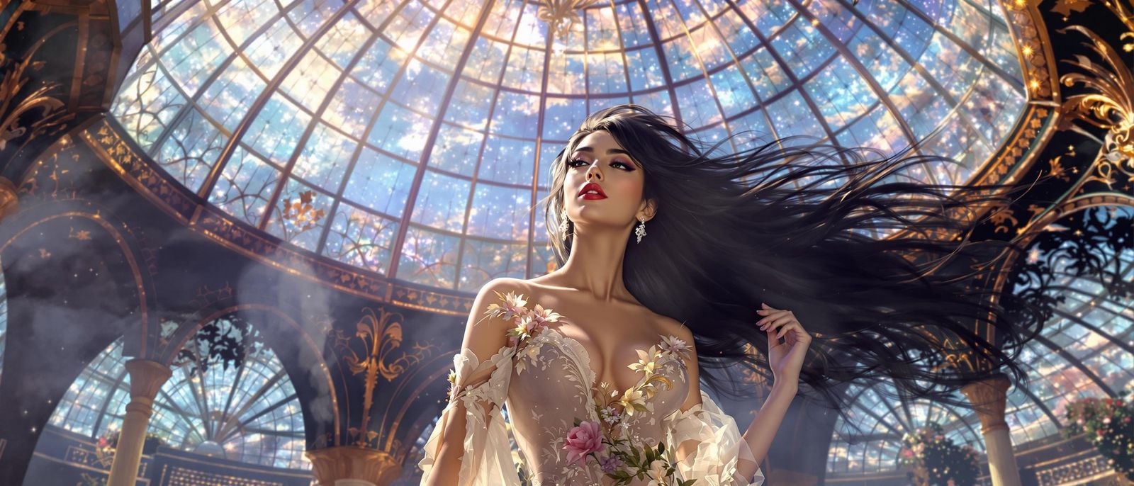 Elegant Asian Woman in Medieval Itheereum Cityscape