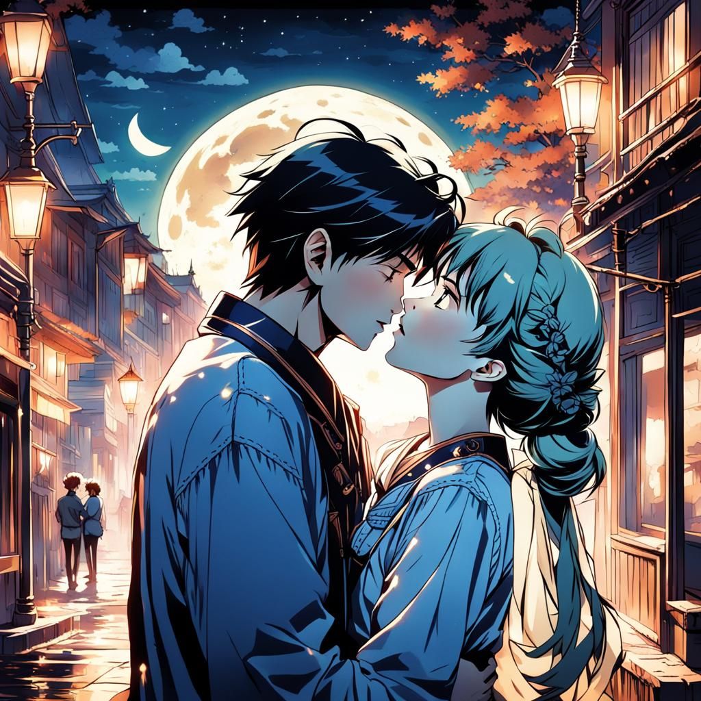 Couple kissing under the moonlight