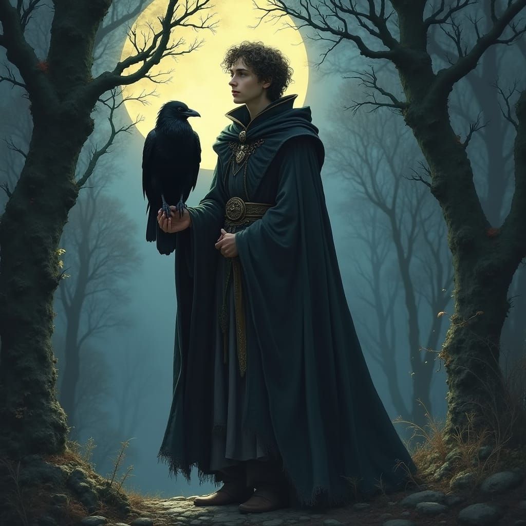 Young Wizard and Raven in Mystical Forest