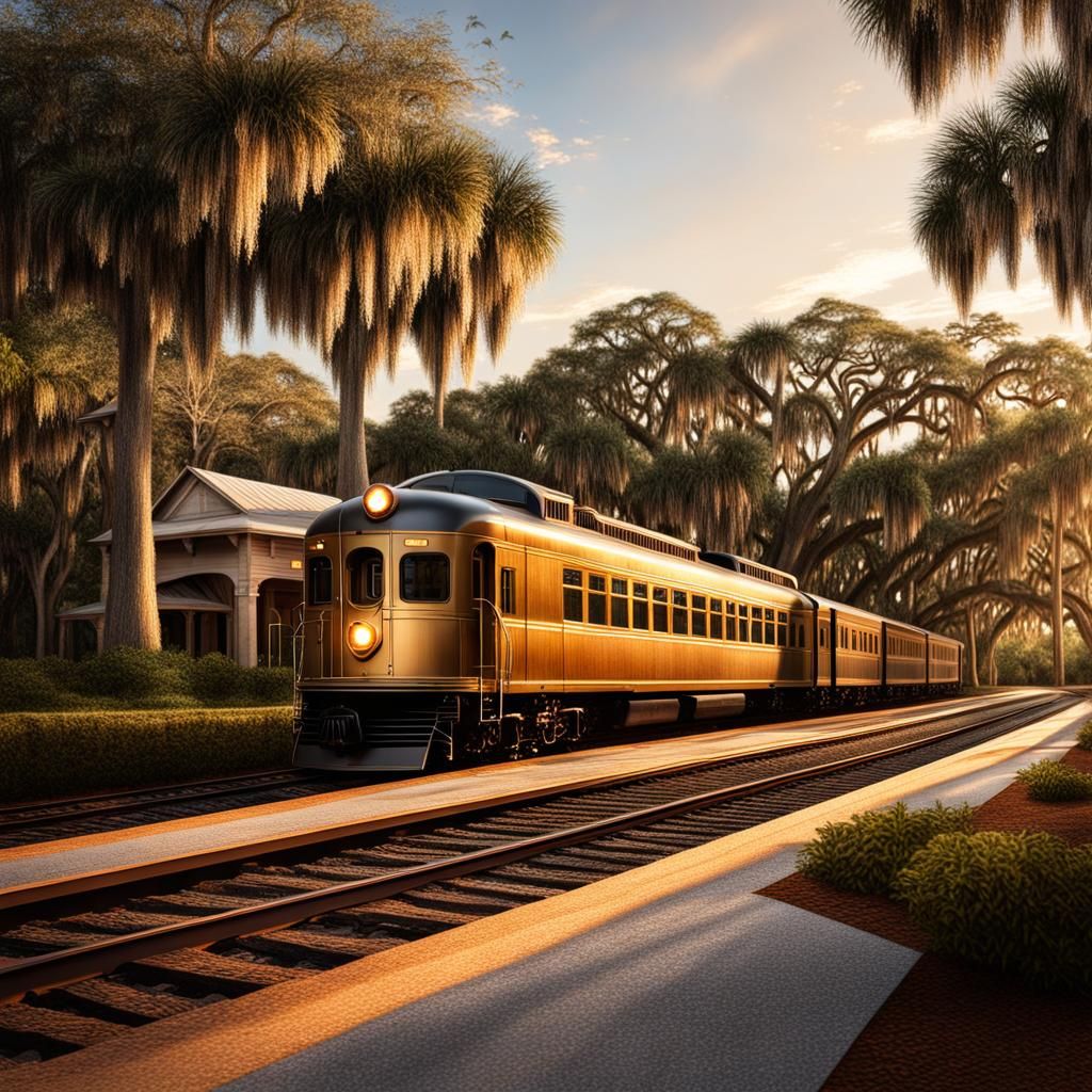 Vintage Train at Rustic Florida Station in Golden Light