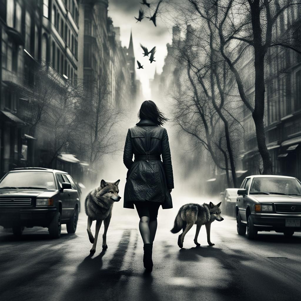 Double Exposure: Woman in City, Wolves in Forest