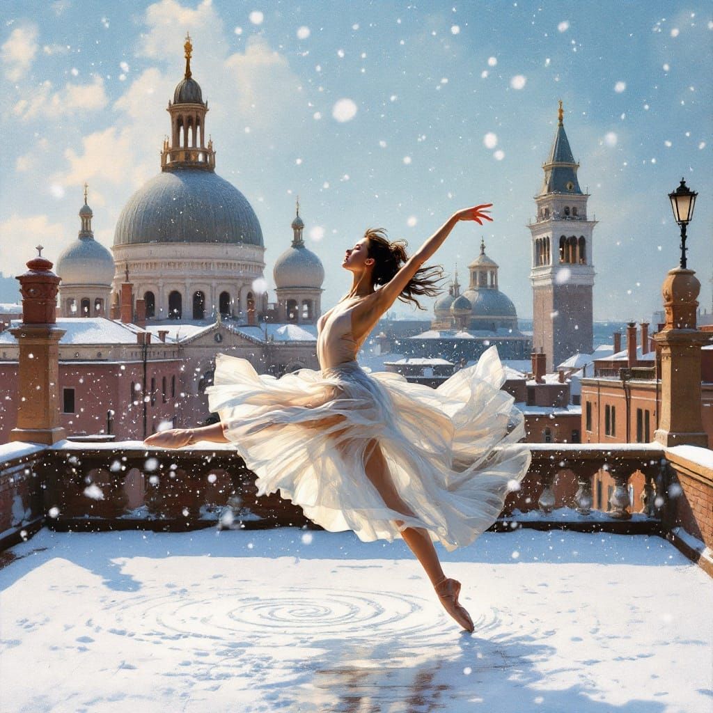 Ballet Dancer in Venetian Snowstorm, Hyperrealistic Oil Pain...