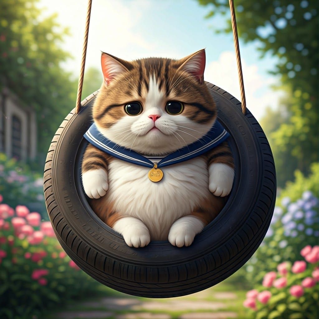 Distressed Chubby Cat Stuck in Tire Swing: Anime Style