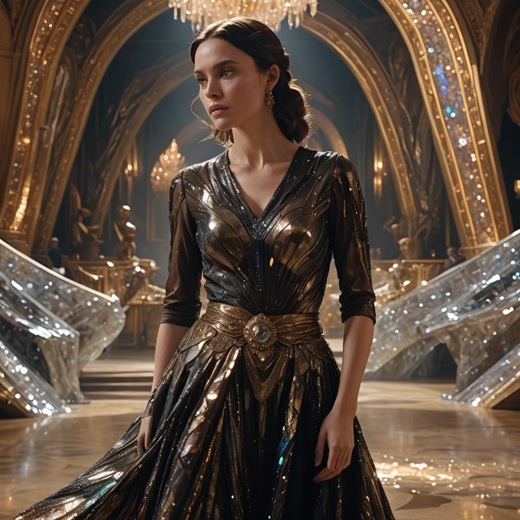 Woman in Crystalline Dress in Opulent Ballroom