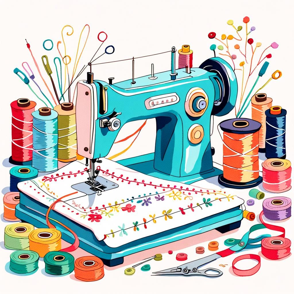 Sewing Machine Illustration in Watercolor Sketch Style