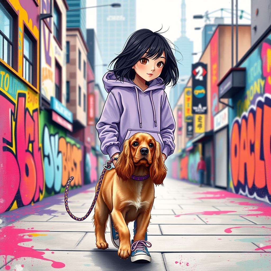 Girl and Her Golden Cocker Spaniel Amidst Vibrant City Graff...