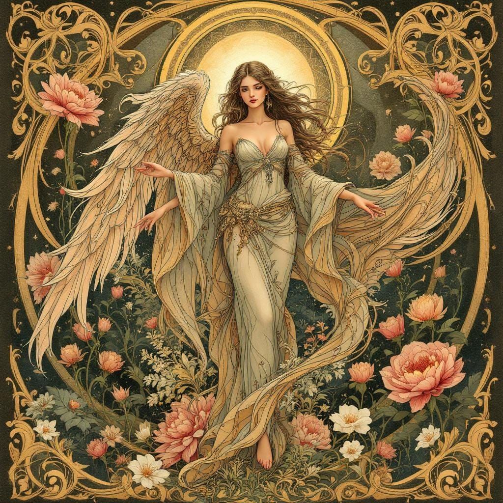 Art Nouveau Angel in a Dreamy Floral Landscape