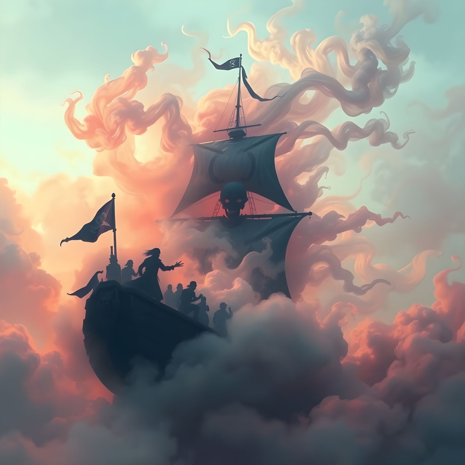 Ethereal Pirate Ship Sails through Vibrant Smoke