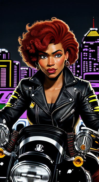Glamorous African-American Motorcyclist in Vibrant Post-Apoc...