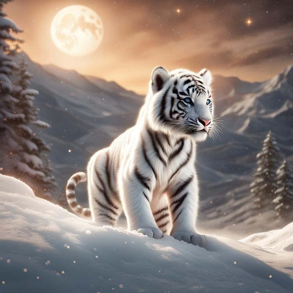 White Tiger Cub Plays in Snowy Sunset