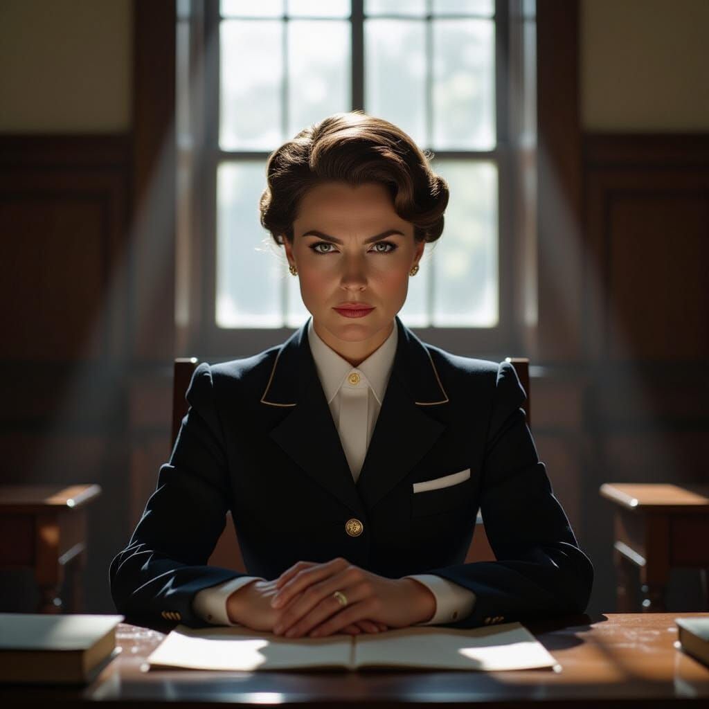 Stern Headmistress Portrait in Dimly Lit Classroom
