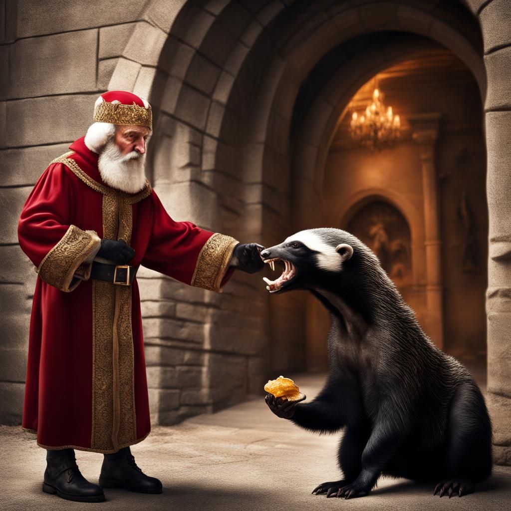 Hyperrealistic Saint Nicholas and Honey Badger Confrontation