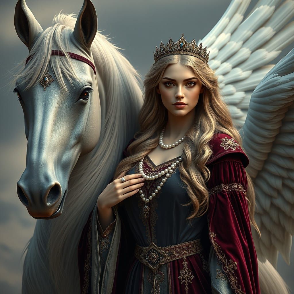 Medieval Queen on Pegasus in Fantasy Art