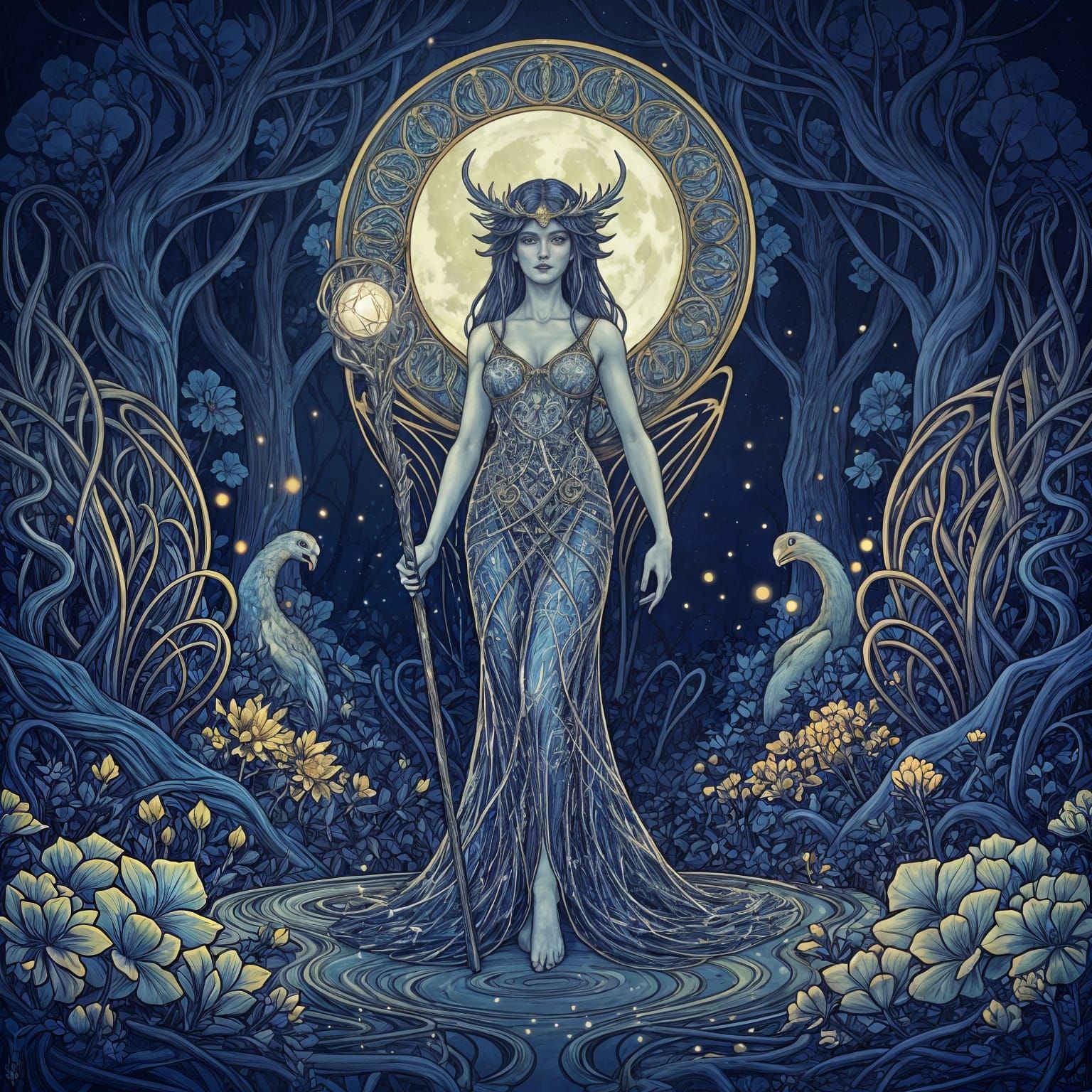 Ethereal Moon Sorceress in Art Nouveau Style