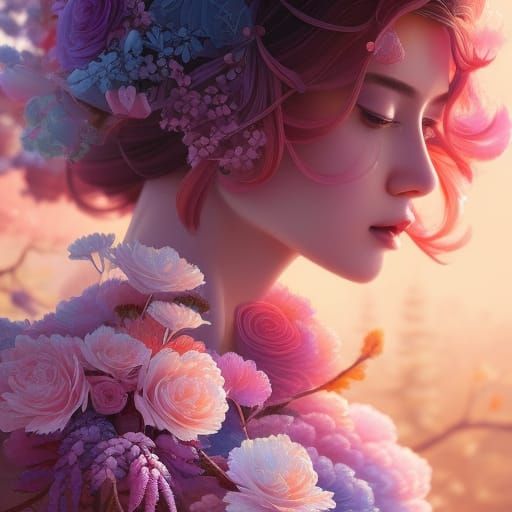 Crying Girl Portrait with Flowers in Anime Style