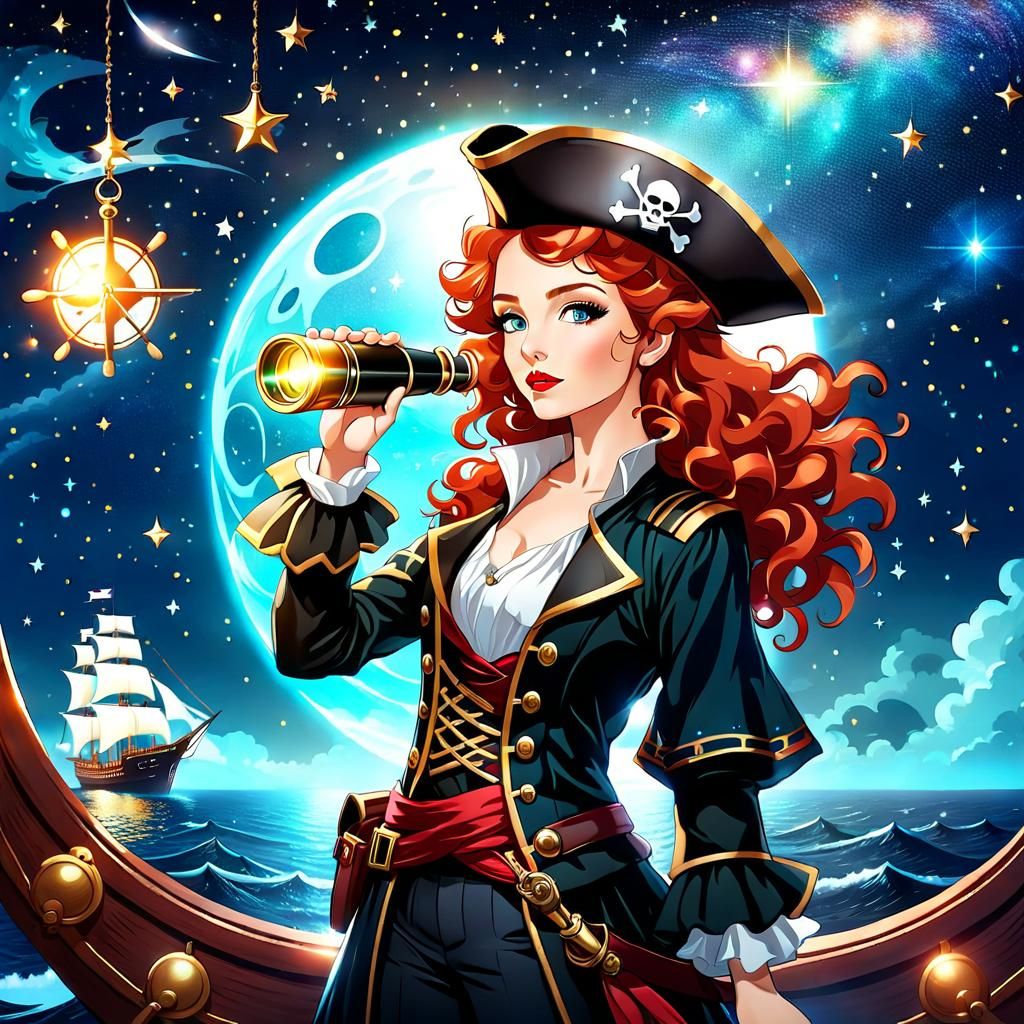 Cosmic Pirate: Redhead Navigating Starry Seas