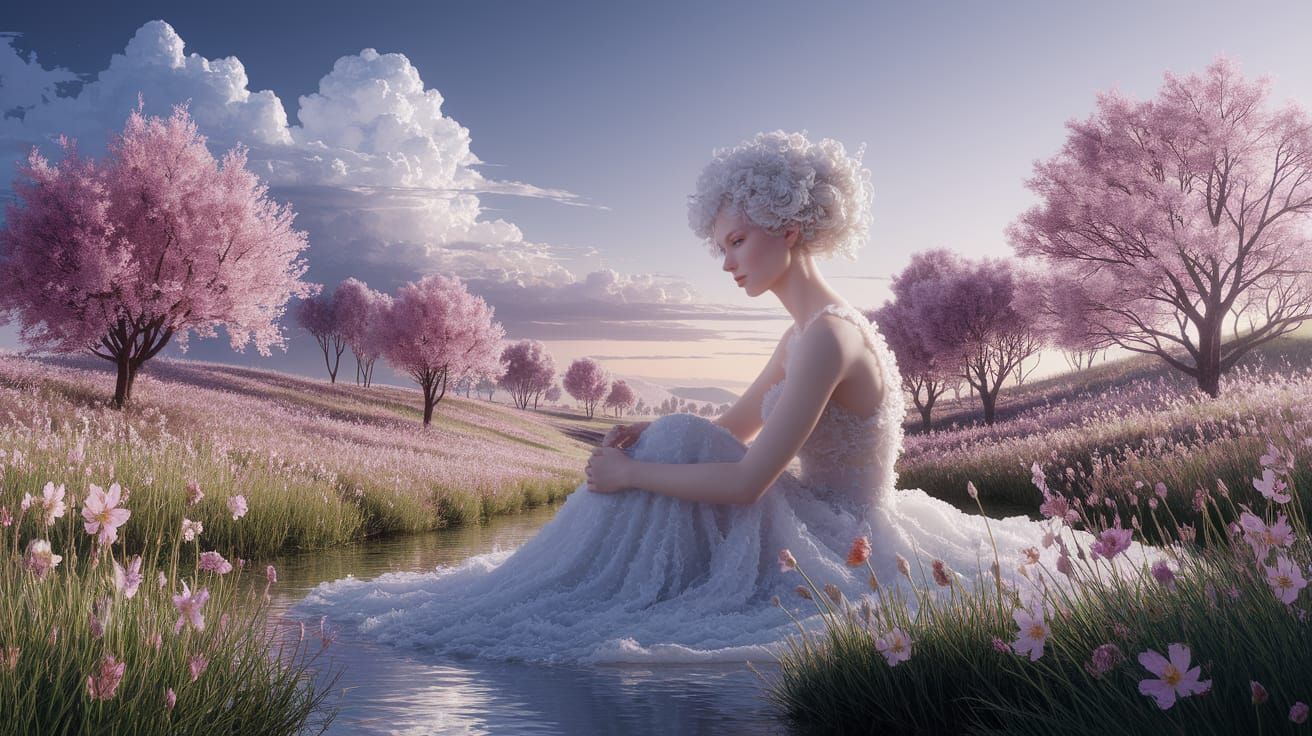 Woman in Surreal Spring Landscape, Watercolor and Ink Style