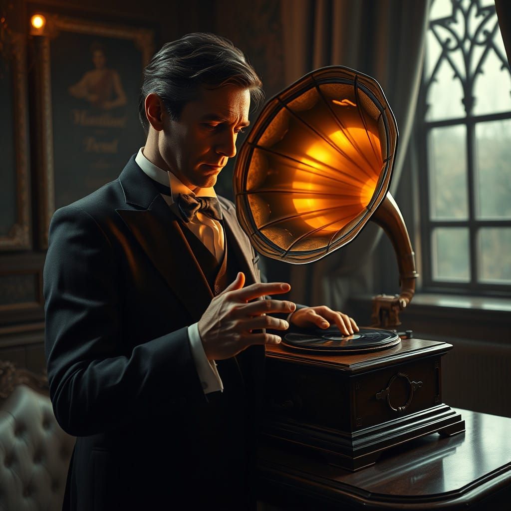 Vintage Gentleman Enthralled by Gramophone