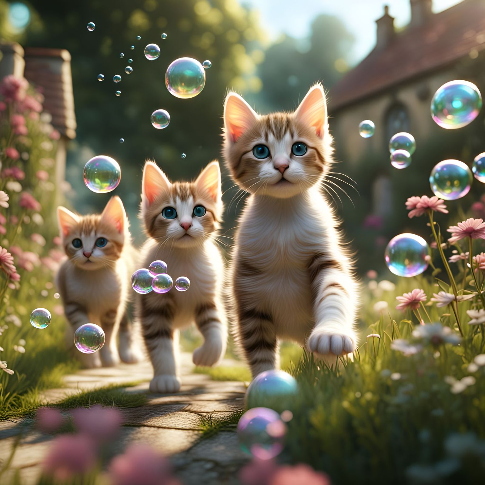 Kittens Play in Sunny English Garden: Matte Painting