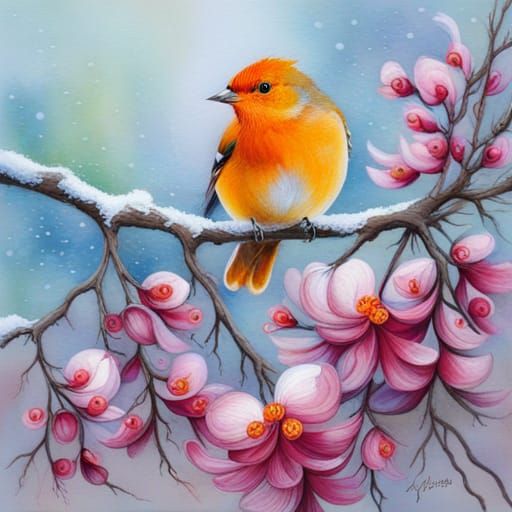 Intricate Songbird Illustration in Cool Colors