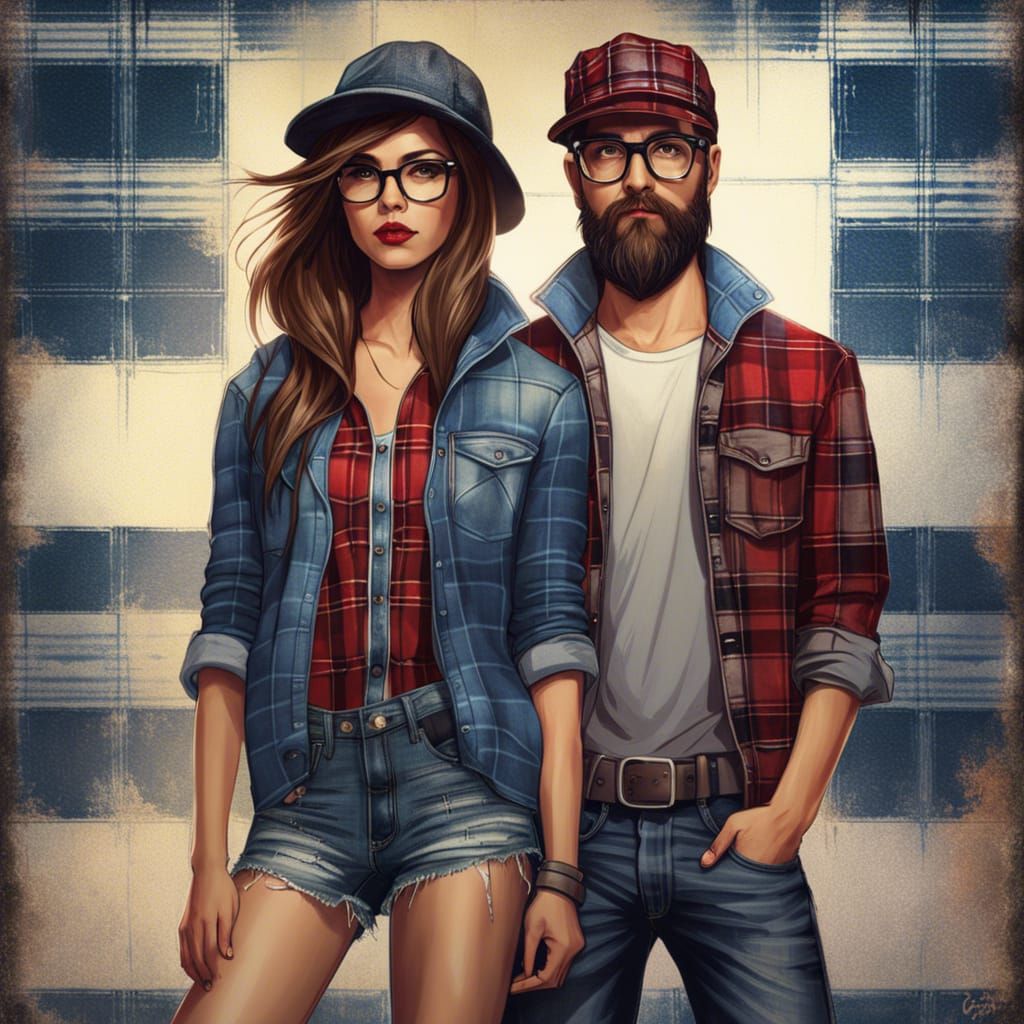 Trendy Hipster Couple Portrait in Digital Art Style
