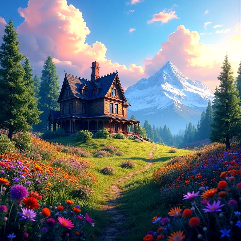 Surreal Fantasy Estate Amidst Vibrant Garden and Majestic Mo...