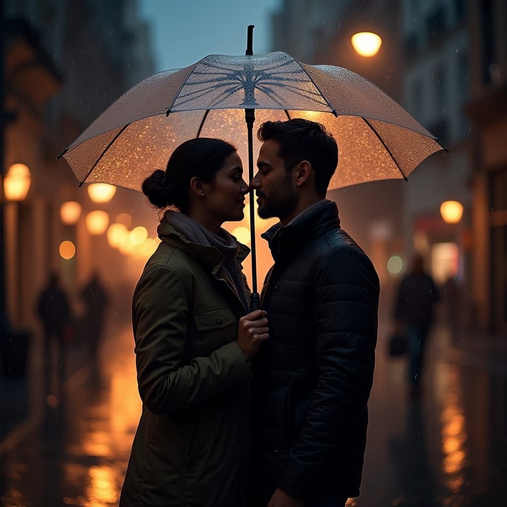 Cozy Couple in Rainy Cityscape with Bokeh Lights