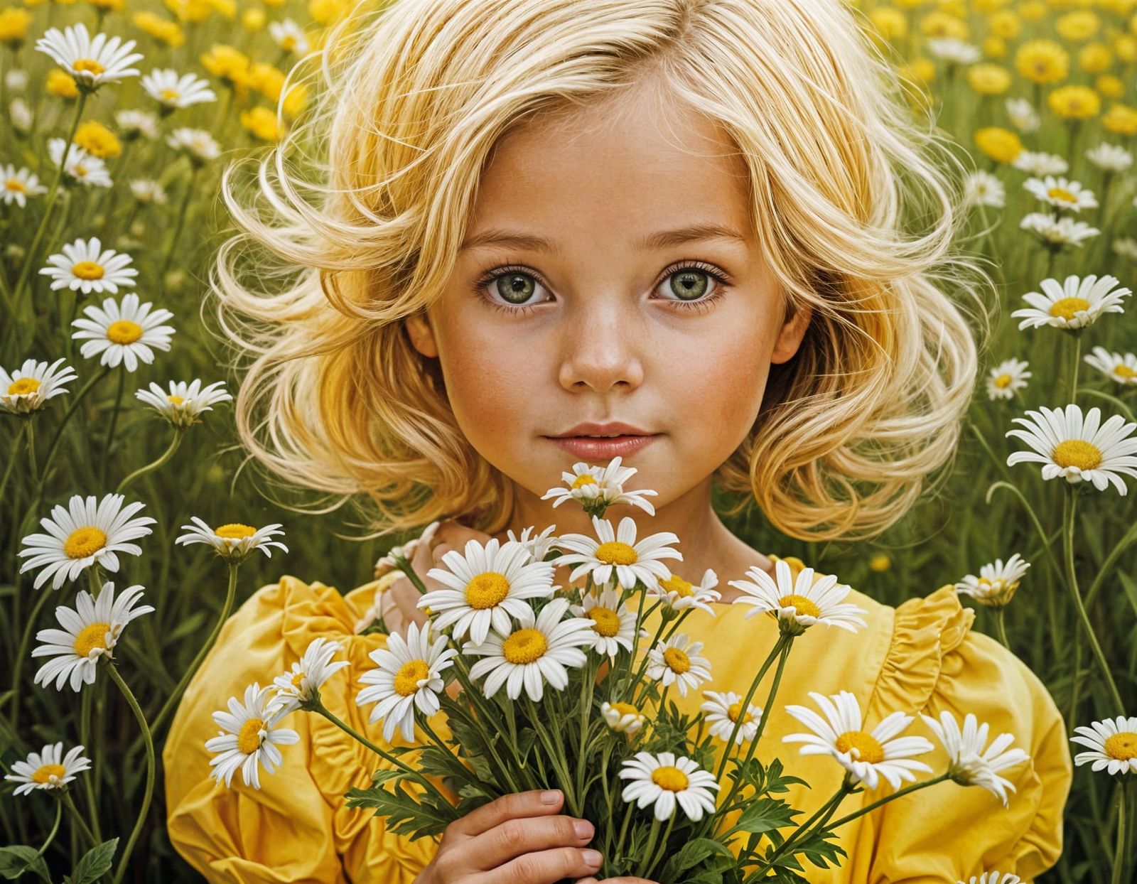 Adorable Girl with Daisies: Dreamy Photorealistic Portrait