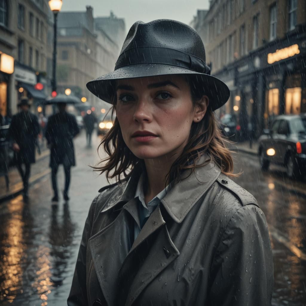 British Detective in Rainy London Street: Film Noir