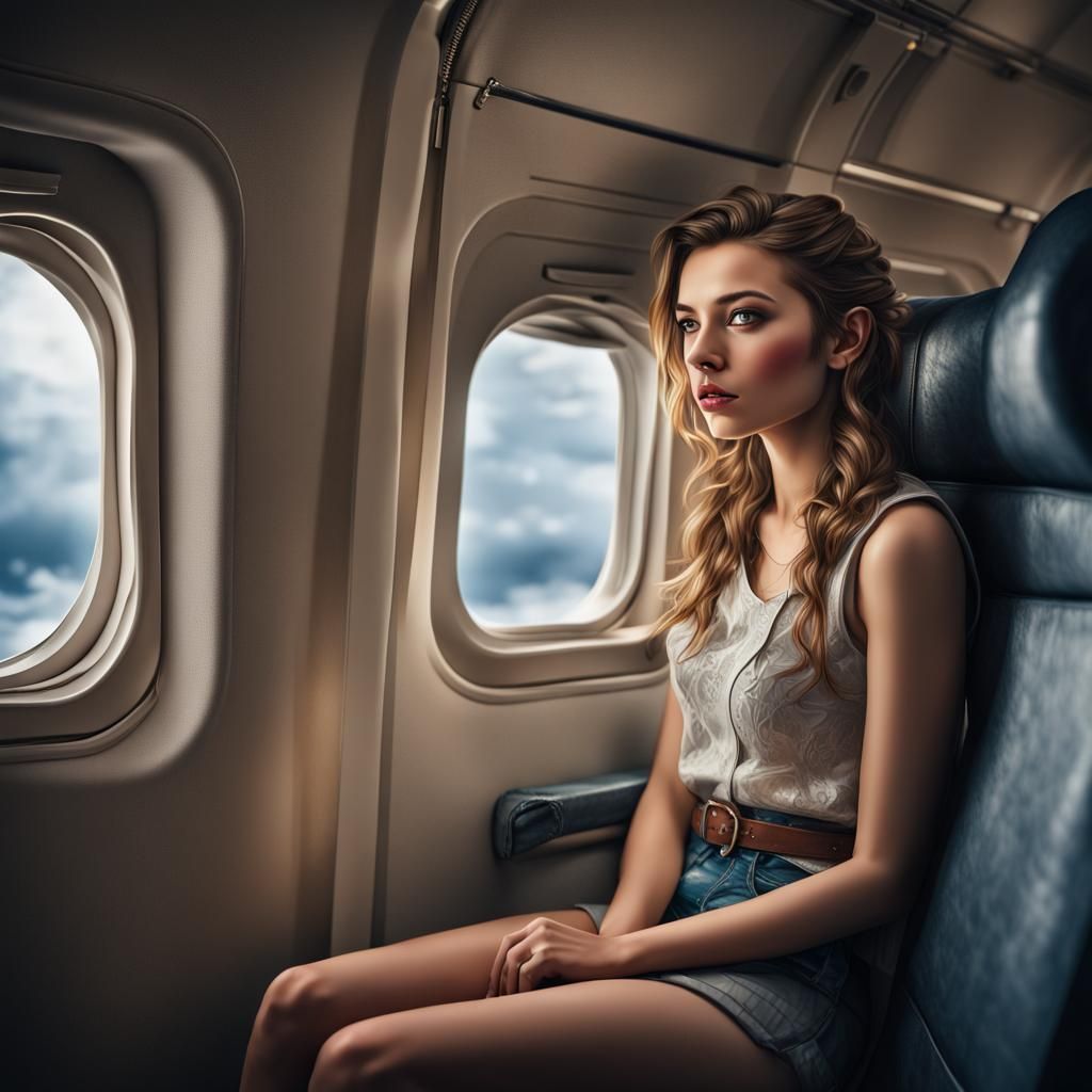 Elegance on a Plane: Hyperrealistic Portrait of a Young Woma...