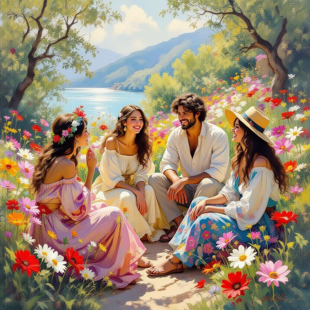 Floral World with Smiling People, Impressionist Oil Painting