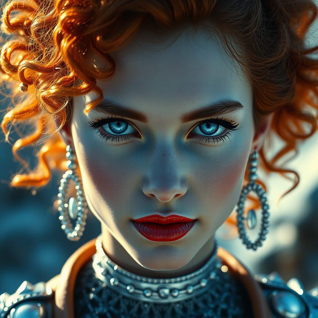 Woman with Blue Eyes and Fiery Hair in Digital Art