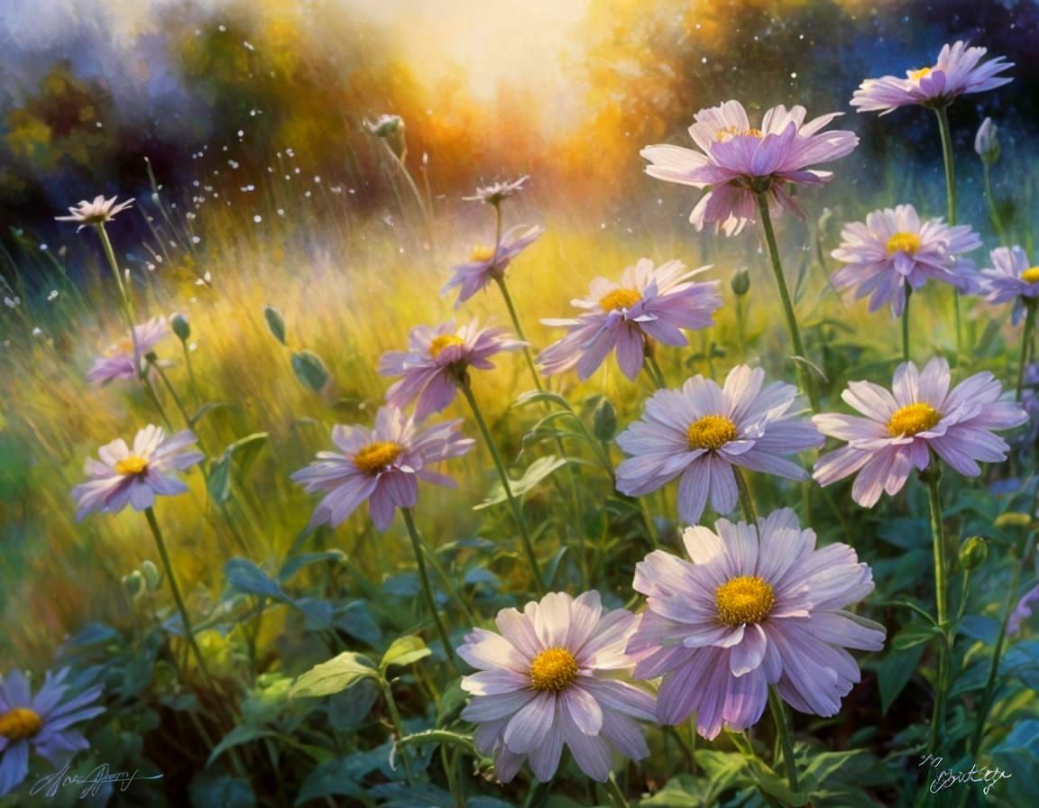 Surreal Watercolor Daisies on Mossy Ground with Whimsical Br...