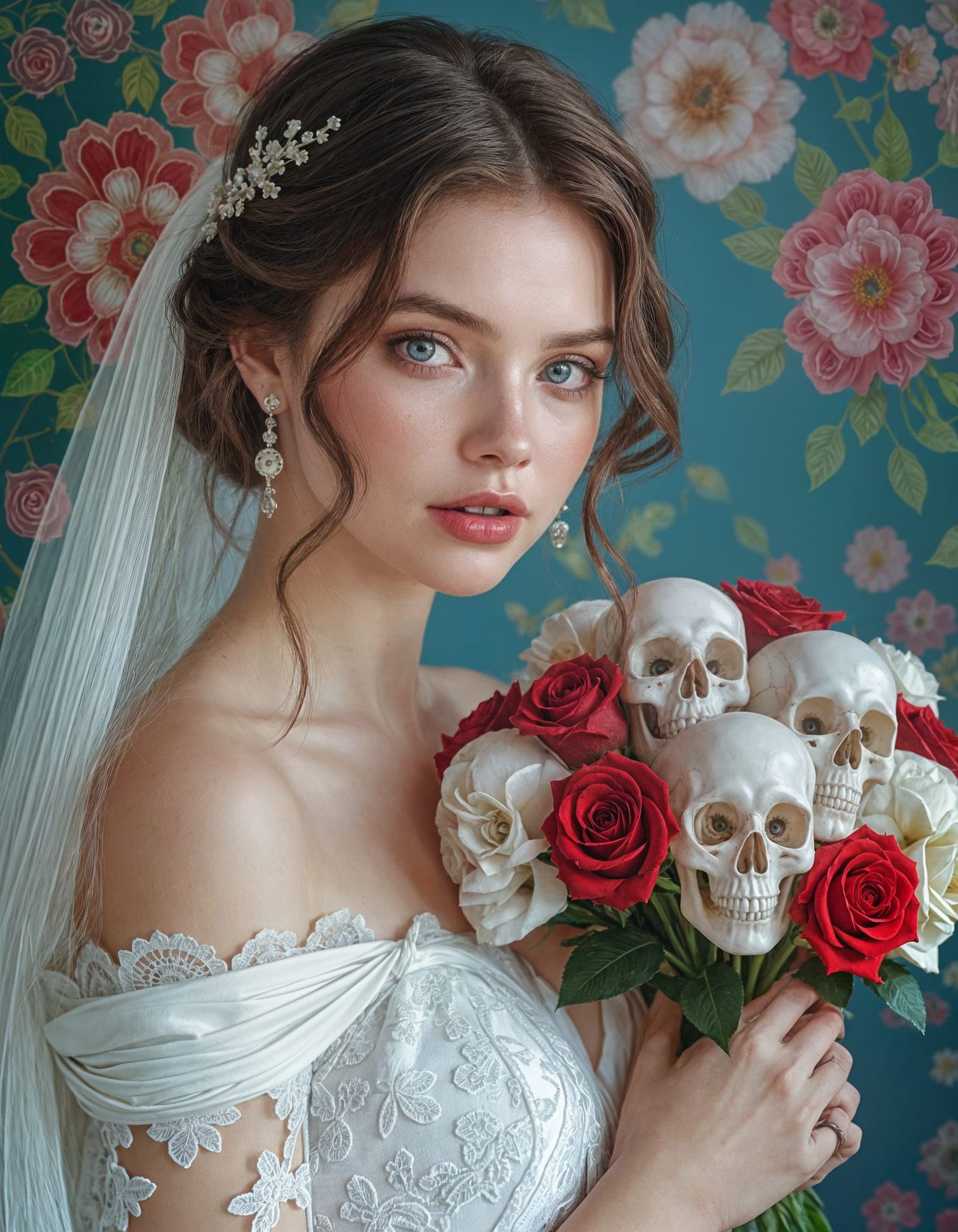 Heterochromatic Woman with Skull Roses: Photorealistic 8k